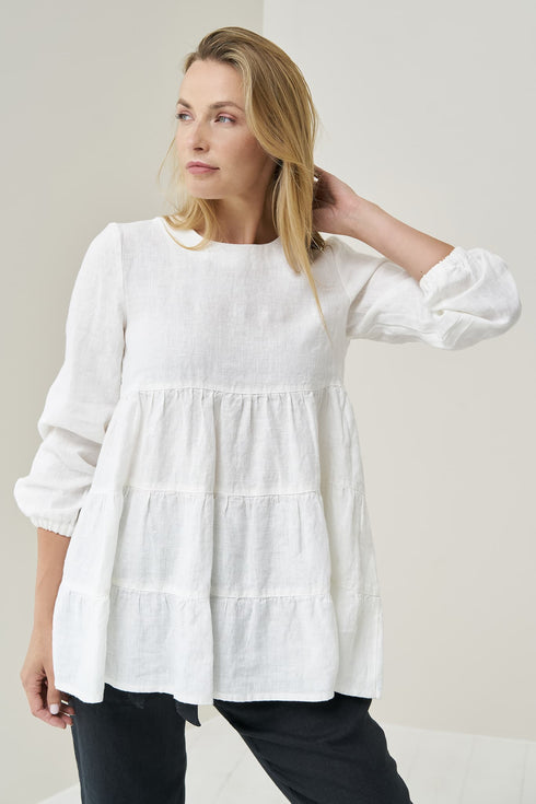 Image 3 of Linen blouse top has long sleeves and a ruffled bottom Vilte from Baltic Linen
